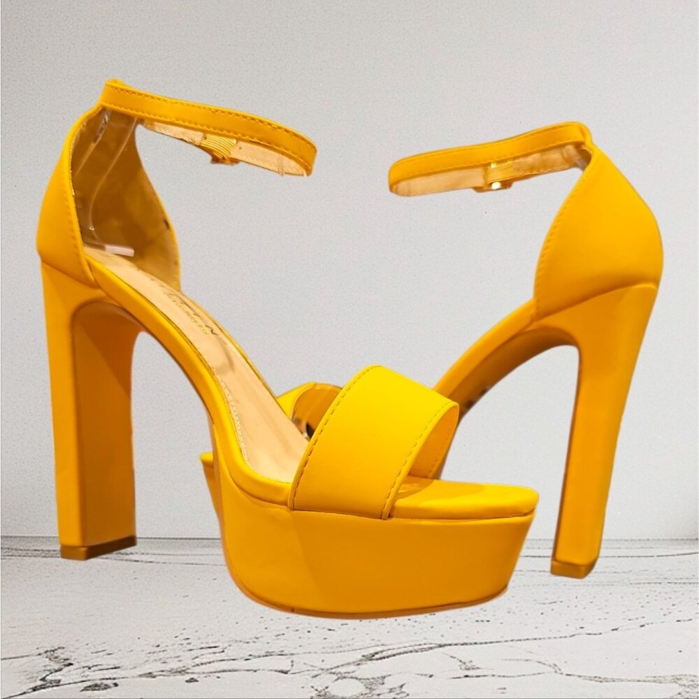 Mustard Platform High Heels With Ankle Strap Open Toe Design Faux Leather Finish